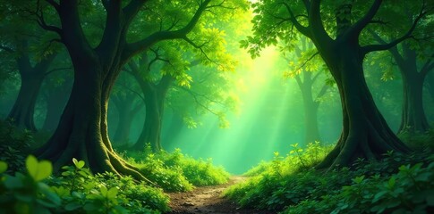 Lush green forest, dappled sunlight filtering through leaves, creating a magical, enchanting atmosphere Perfect for fantasy, adventure, or nature-themed projects , lush, scenery, wilderness