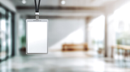 A blank ID badge hanging in a modern office setting, perfect for personalization in corporate environments or events.