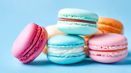 Fototapeta premium A colorful arrangement of macarons on a pastel blue background, showcasing their delightful textures and vibrant hues.