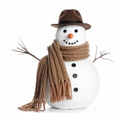 Cheerful Snowman Wearing Hat and Scarf Isolated on White
