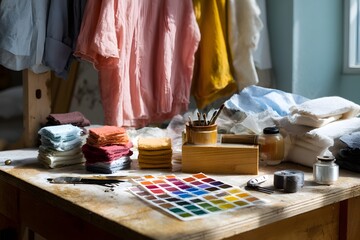 natural dye workspace with color swatches, fabric, and tools, photorealistic, artistic chaos