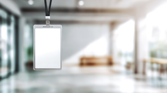 A blank ID badge hanging in a modern office setting, perfect for personalization in corporate environments or events.