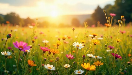 A serene scene of a sun-drenched field of wildflowers, gently swaying in the breeze, embodying the calm and restorative power of nature's energy , idyllic, wellness, flourishing