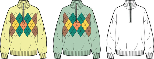 Argyle pattern sweater, half zip pullover, ribbed cuffs and hem, fashion flat, cozy knitwear design, technical clothing sketch template flat vector illustration
