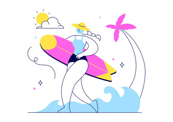 Hello Summer Vector Illustration Featuring the Sea, Beach, Sky, and Tropical Jungle Leaves in a Cute Character Activity Flat Style Cartoon Background