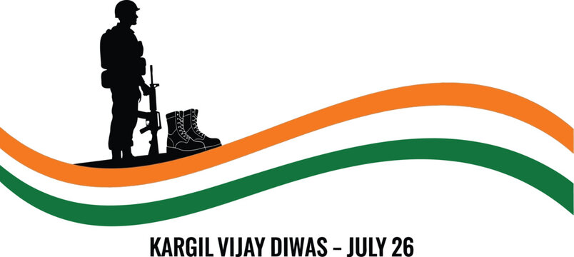 Silhouette of soldier with rifle and boots on indian flag for kargil vijay diwas celebration