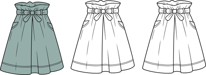Paperbag waist skirt, bow detail design, front view sketch, fashion technical drawing, trendy women’s skirt template, stylish garment flat flat vector illustration