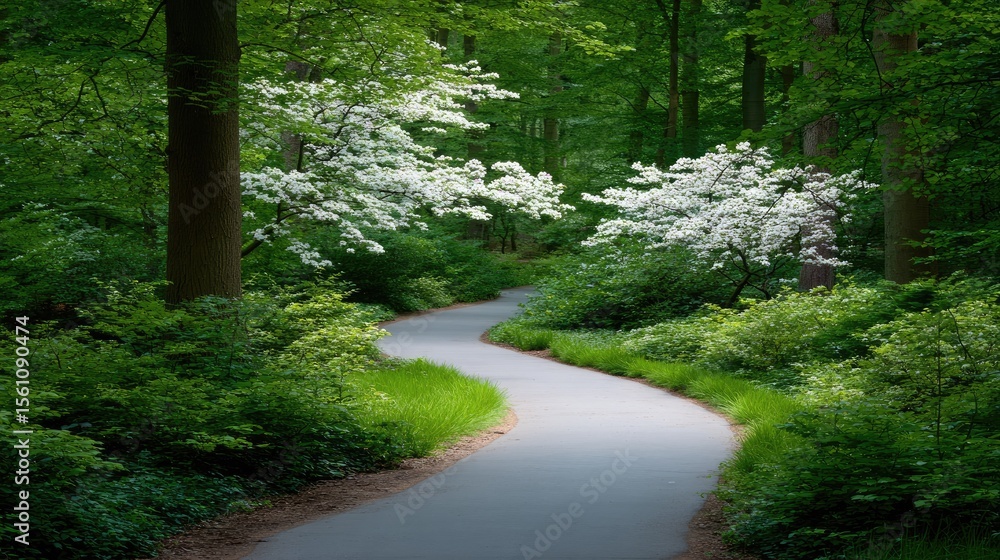 Poster winding path through a blooming spring forest with light filtering between the fresh green canopy ab