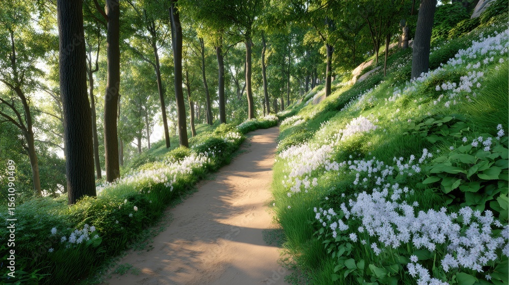 Poster winding path through a blooming spring forest with light filtering between the fresh green canopy ab