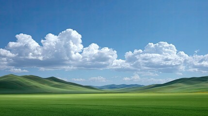 Wide open green field with scattered blooming wildflowers under clear spring skies, inviting natural copy space