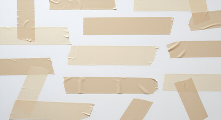 Adhesive tape strips in various sizes and positions on a white background, studio shot