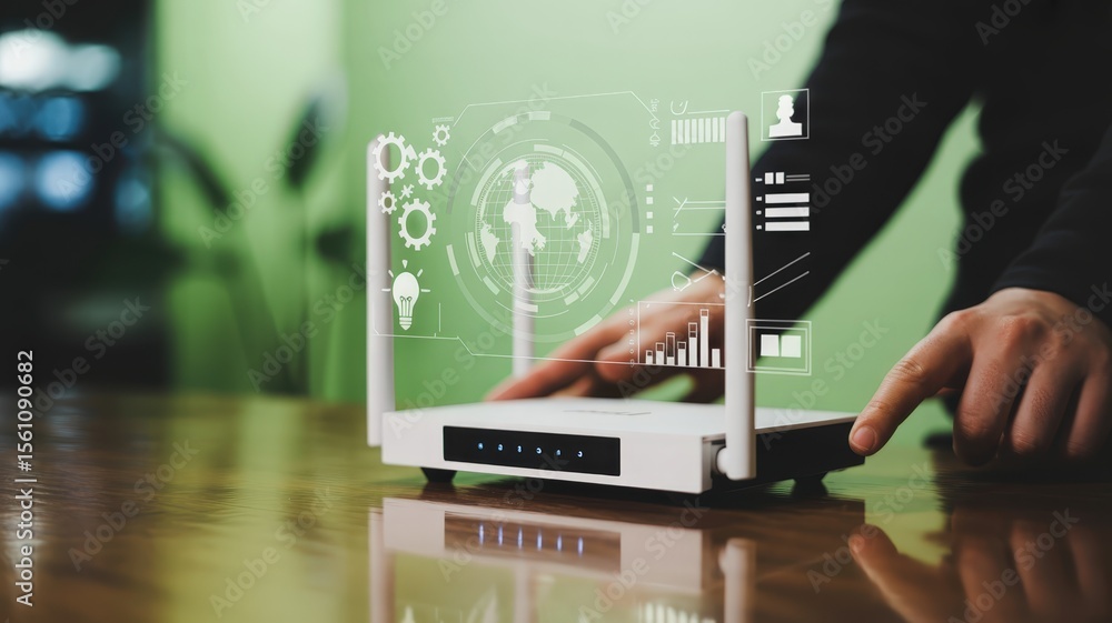 Aufkleber wireless router with a holographic overlay of global data.