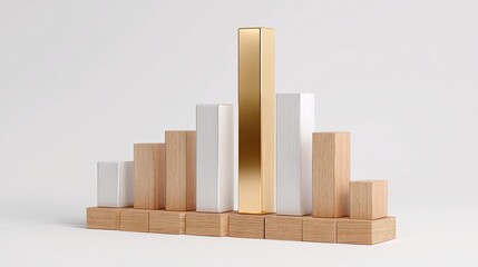 Bar chart made of wood blocks with tallest one highlighted in gold, visualizing profit margins and growth