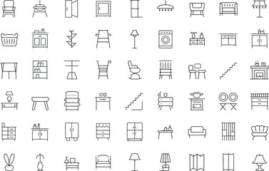 A collection of minimalist line drawings depicting various furniture and home decor items neatly arranged