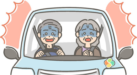 驚いて青ざめた表情の、車を運転する高齢者のイラスト
