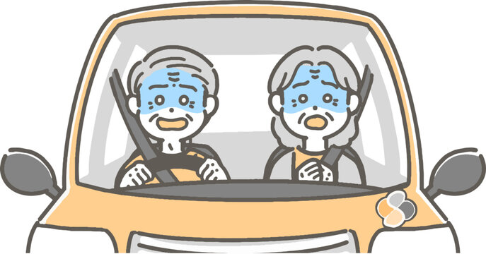 驚いて青ざめた表情の、車を運転する高齢者のイラスト

