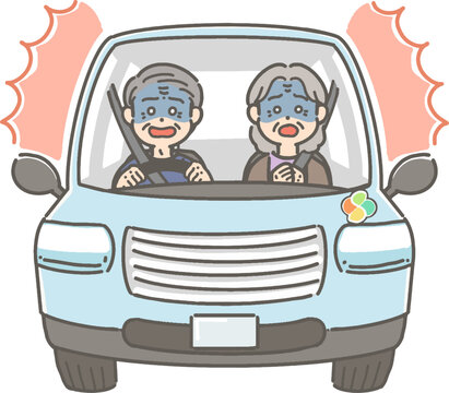 驚いて青ざめた表情の、車を運転する高齢者のイラスト
