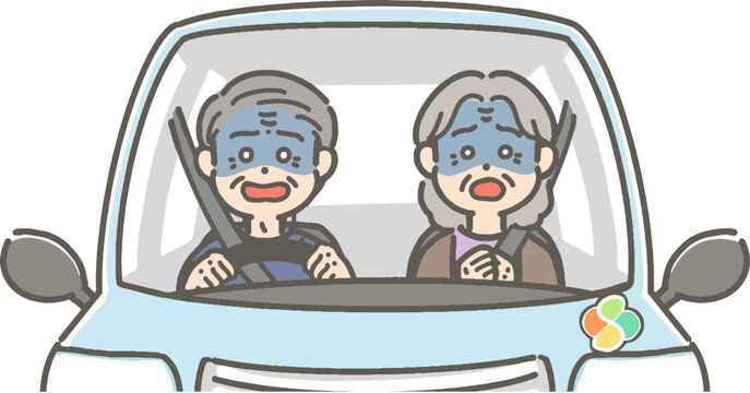 驚いて青ざめた表情の、車を運転する高齢者のイラスト
