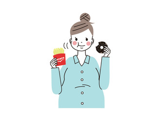 ポテトとドーナツをもぐもぐ食べている妊婦さんのイラスト（上半身）