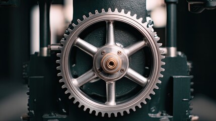 Fototapeta premium Close-up of gear mechanism inside vintage engine block with dark workshop setting