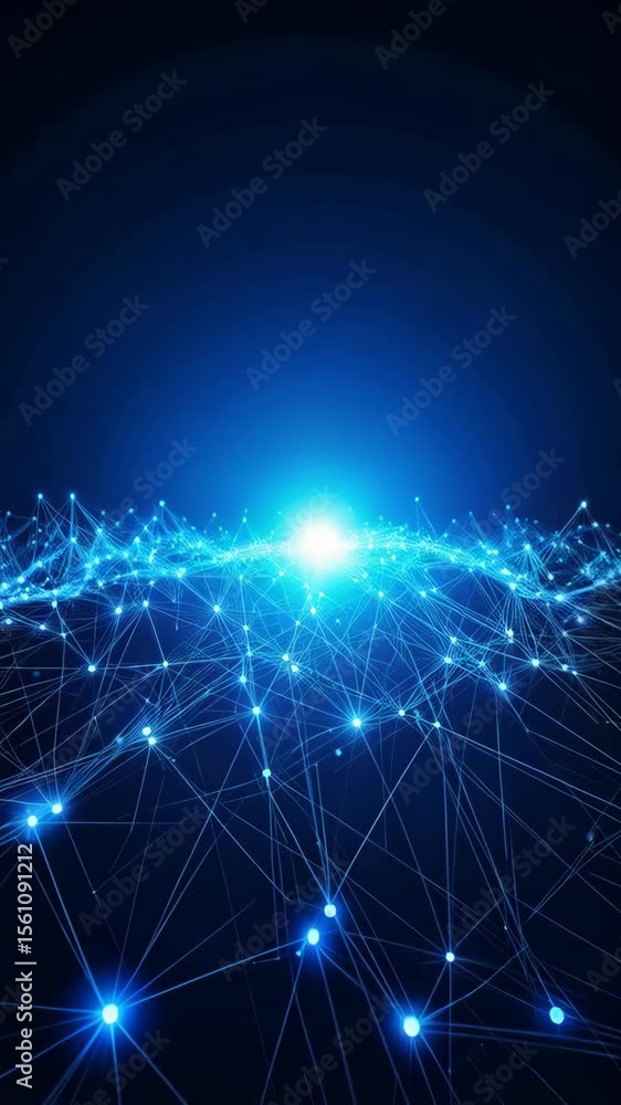 Poster abstract digital network with glowing nodes and lines over dark blue background; futuristic data con