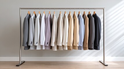 Clothing rack with several business suits arranged by tone, minimal composition and contemporary fashion focus