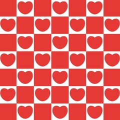 Checkerboard seamless Pattern with valentine heart symbols. Cute design with hearts for textile, print, fabrics, wrapping paper and background.