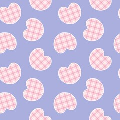 A cute seamless pattern featuring pink and white plaid hearts scattered on a soft purple background. Ideal for charming and sweet designs.