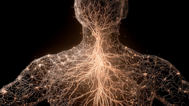 A glowing neural network branching into a human silhouette, connecting unexpectedly to other body systems.