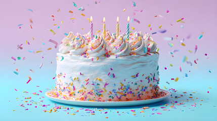 Colorful birthday cake with candles, whipped frosting and sprinkles, created with generative AI, bright and festive design --ar 16:9