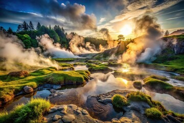 Serene Geothermal Landscape at Sunrise A Breathtaking Vista of Misty Pools and Lush Green Meadows