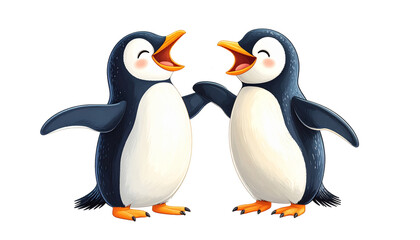 Obraz premium Two penguins joking with each other, one slapping its knee in laughter, red tone, transparent background.