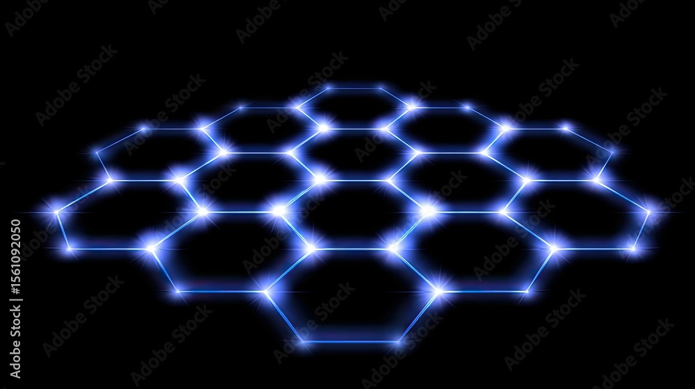 Poster geometric blockchain hexagon grid glowing with neon blue lights and interconnected nodes on black su