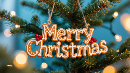 A charming and rustic Christmas decoration featuring gingerbread letters spelling 'Merry Christmas' hanging from a pine tree. Christmas, Christmas Tree, Merry Christmas, Christmas Background