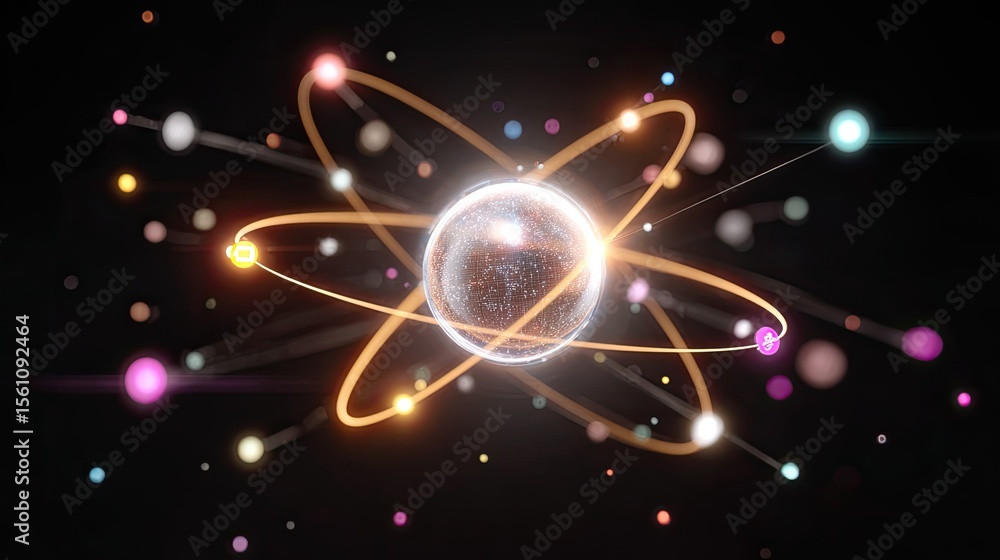 Poster holographic globe with orbiting technology icons on dark background, futuristic data science