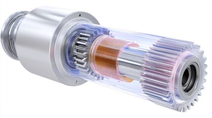 Internal view of gear-driven system with shafts, bearings, and cogs inside transparent housing