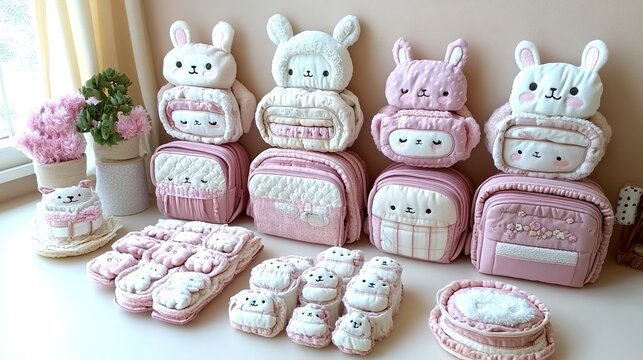 Adorable pastel pink bunny and bear themed zipper pouches and cosmetic bags arranged on a white surface.