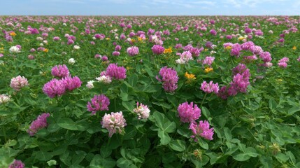 Fototapeta premium Meadow blanketed with blooming clover and wildflowers, light wind patterns visible on grassy surface