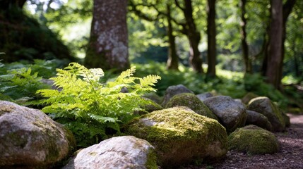 Moss-covered stones and fresh ferns in a shady spring woodland, natural freshness and earthy tones