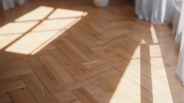 Sunlight Streaming Through Window onto Hardwood Herringbone Flooring Creating Beautiful Patterns