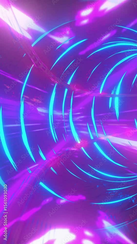 Poster animation of circular tunnel and multicolored lines moving over black background