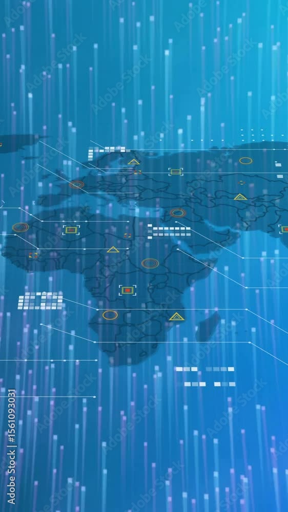 Aufkleber animation of geometric shapes and lines moving in circles motion over map against blue background
