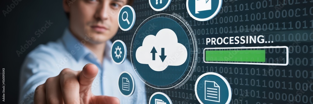 Poster a person interacts with a digital interface showing cloud processing.