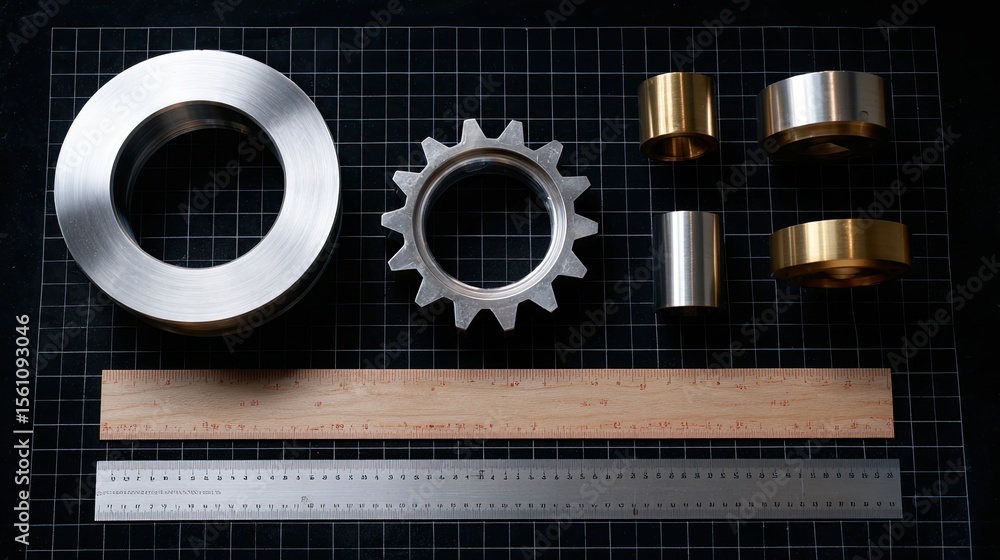Poster overhead image of clean gear components and calibration ruler on technical drawing surface