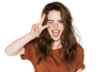 Cheerful girl with brown hair making peace sign, winking.