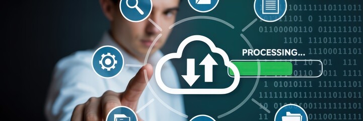 Person interacting with a cloud-based data processing interface.