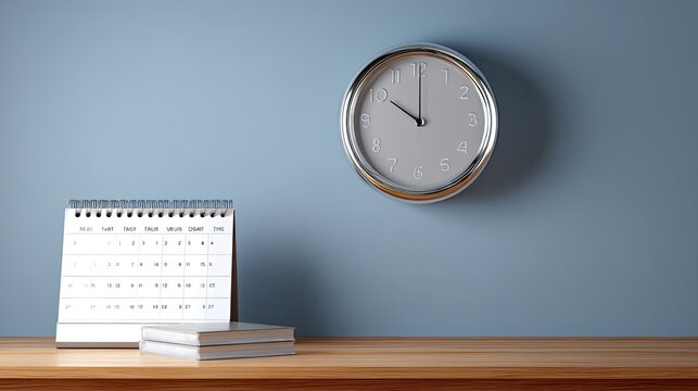 Office calendar and wall clock mounted above simple workspace, clean lines and functional setup