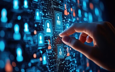 Hand interacting with digital interface of interconnected user profiles.  A hand is shown touching glowing user profile icons overlaid on a complex, circuit-like network.