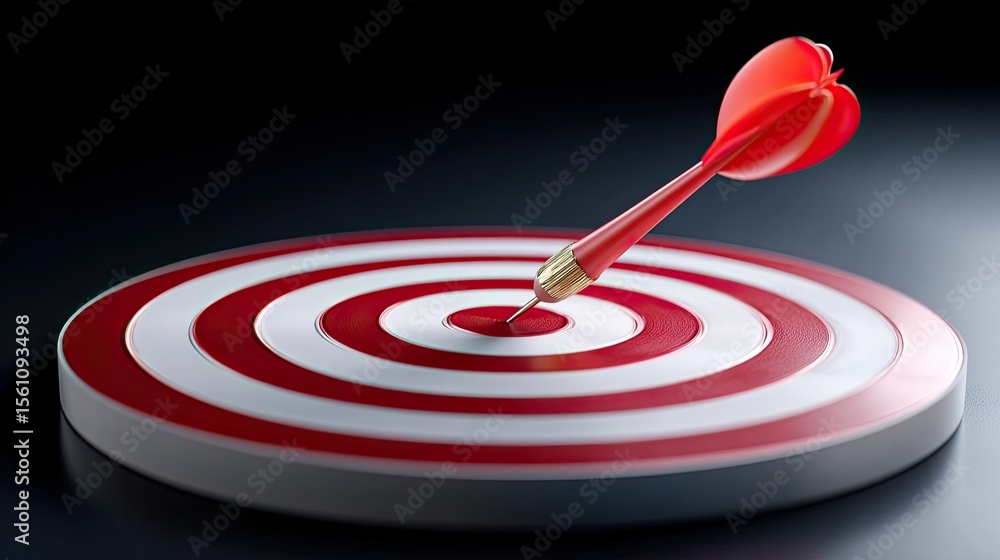 Poster red dart precisely hitting center of dartboard with shadows, goal and precision concept for strategi