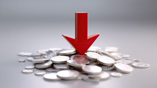 Red arrow pointing down through shattered coins, concept of currency collapse or devaluation